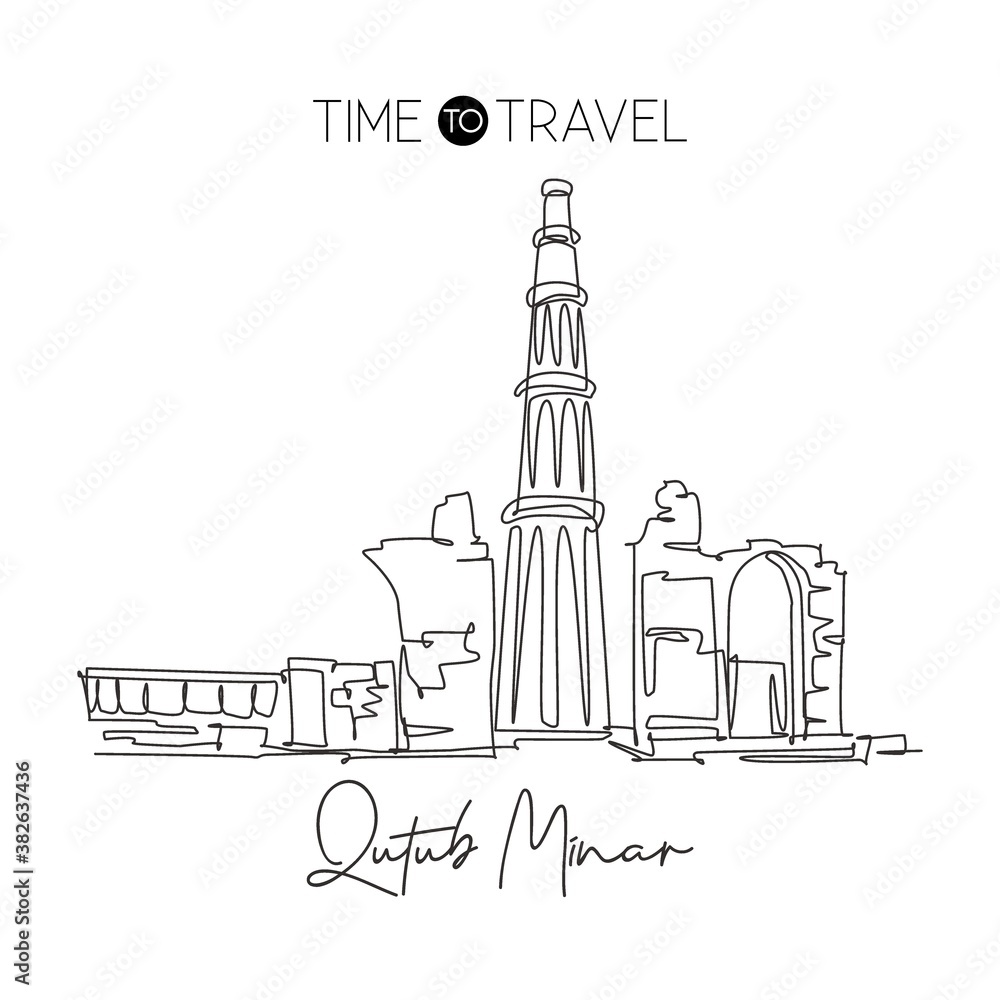 Single continuous line drawing Qutub Minar mosque landmark. Most beautiful famous place in Delhi, India. World travel wall decor poster print concept. Modern one line draw design vector illustration