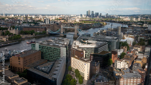 Aerial skyline view of the city of London. This view includes River Thames the financial Bank district famous skyscrapers and the Monument