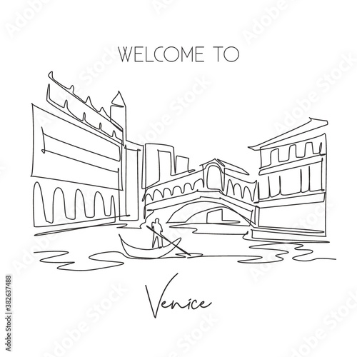 One single line drawing Rialto Bridge landmark. World famous iconic canal in Venice Italy. Tourism travel postcard home wall decor poster print concept. Continuous line draw design vector illustration