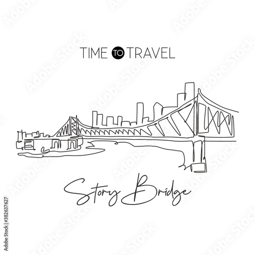 One single line drawing Story Bridge landmark. World famous iconic in Brisbane. Tourism travel postcard home wall decor poster print art concept. Modern continuous line draw design vector illustration