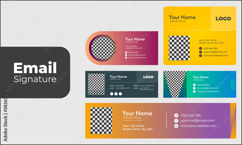 Set of Flat & Modern Email Signature Templates. Editable & scalable to any size.