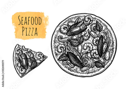Ink sketch of seafood pizza.