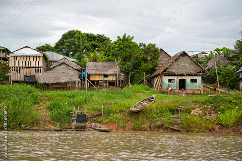 Iquitos, Peru; March 05, 2019. Typical houses of the Peruvian jungle in Iquitos, on the banks of the Amazon River.