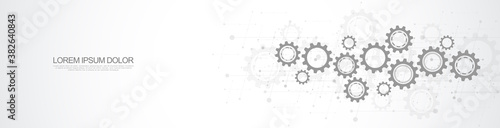 Banner design template. Cogs and gear wheel mechanisms. Hi-tech digital technology and engineering. Abstract technical background.