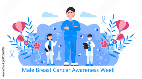 Male Breast Cancer Awareness Week concept vector. Event is celebrated in October.Tiny doctors treat man. Flower, leaves are shown