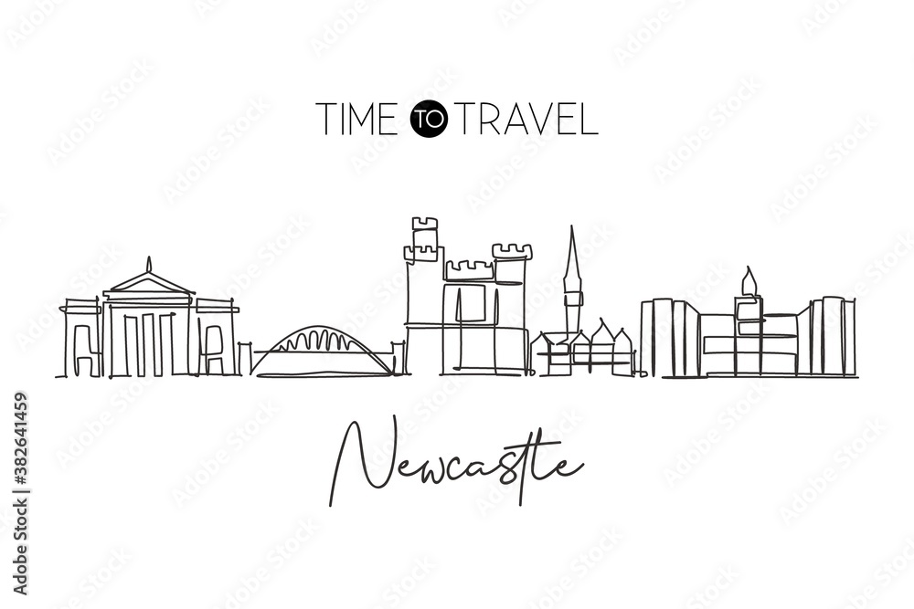 Single continuous line drawing of Newcastle city skyline. Famous city skyscraper landscape in world. Travel campaign wall decor home art poster concept. Modern one line draw design vector illustration