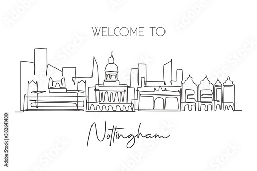 One single line drawing Nottingham city skyline. Historical city skyscraper landscape in world. Best destination vacation home wall decor art concept. Continuous line draw design vector illustration