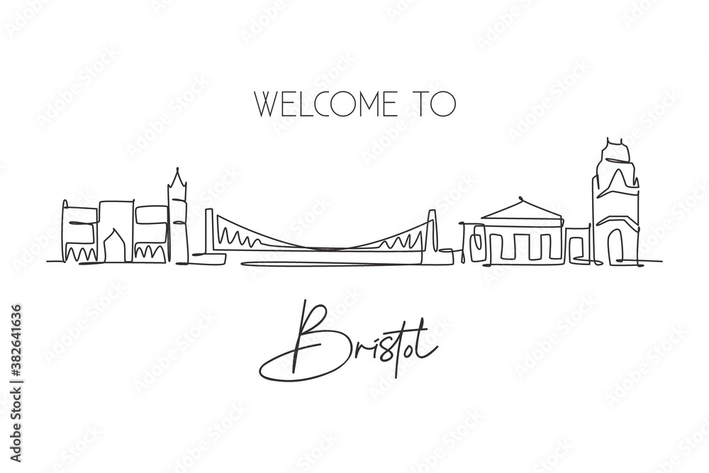 Single continuous line drawing of Bristol city skyline. Famous city skyscraper and landscape. World travel wall home decor poster print art concept. Modern one line draw design vector illustration