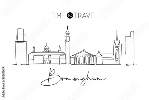 Single continuous line drawing of Birmingham city skyline. Famous city skyscraper and landscape. World travel home wall decor art poster print concept. Modern one line draw design vector illustration
