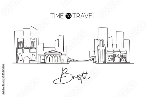 Single continuous line drawing of Bristol city skyline. Famous city skyscraper and landscape. World travel wall home decor poster print art concept. Modern one line draw design vector illustration