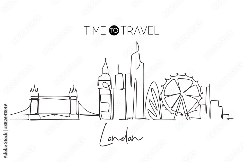 One single line drawing London city skyline. Historical skyscraper and landscape in world. Best destination holiday vacation home wall decor concept. Continuous line draw design vector illustration