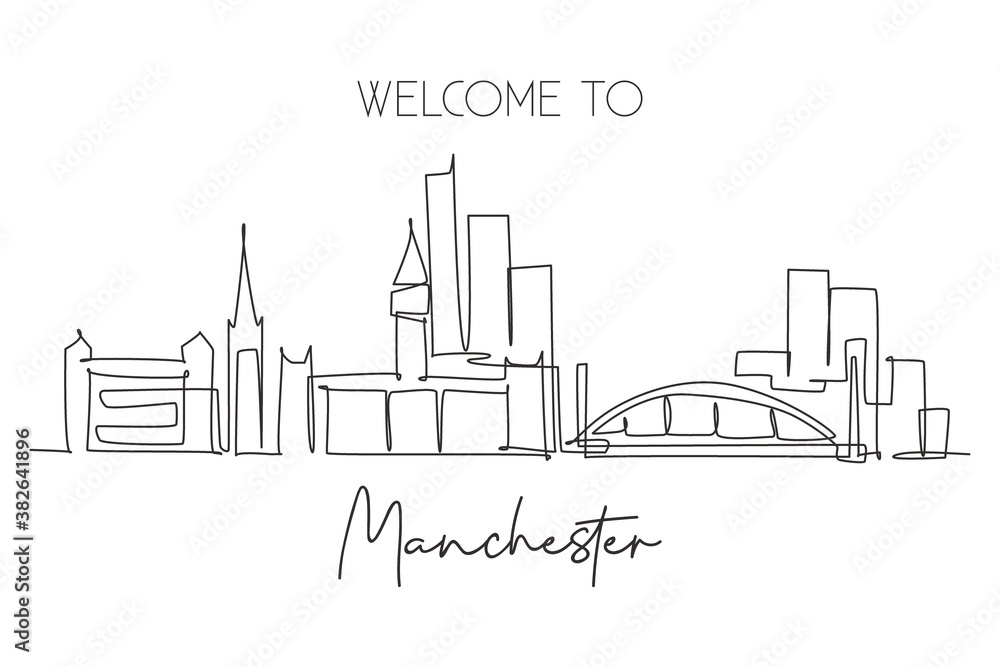Single continuous line drawing of Manchester city skyline. Famous city skyscraper landscape in world. World travel home wall decor poster print concept. Modern one line draw design vector illustration