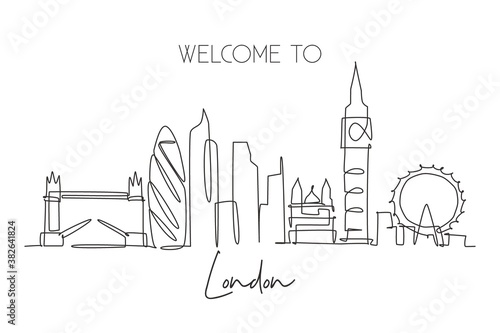 Single continuous line drawing of London city skyline. Famous city skyscraper landscape in world. World travel campaign home wall decor poster concept. Modern one line draw design vector illustration