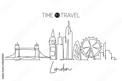 One single line drawing London city skyline. Historical skyscraper and landscape in world. Best destination holiday vacation home wall decor concept. Continuous line draw design vector illustration