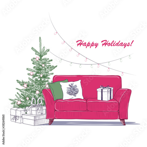 .Sofa with pillows and gifts, Christmas tree with toys and garland of lightbulbs. Vector vintage illustration of isolated objects. Color sketch.