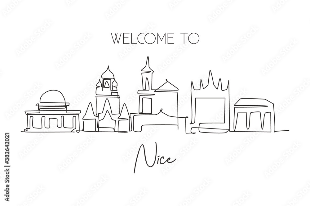 One single line drawing of Nice city skyline, France. Historical skyscraper landscape in world. Best holiday destination home wall decor poster. Trendy continuous line draw design vector illustration
