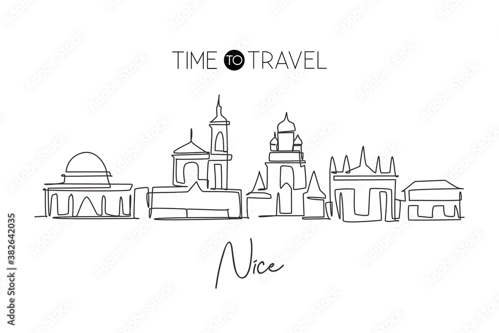 Single continuous line drawing of Nice city, France skyline. Famous skyscraper landscape. World travel wall decor poster print art concept. Editable modern one line draw design vector illustration