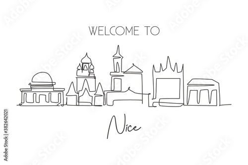 One single line drawing of Nice city skyline, France. Historical skyscraper landscape in world. Best holiday destination home wall decor poster. Trendy continuous line draw design vector illustration