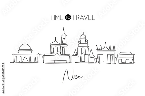 Single continuous line drawing of Nice city, France skyline. Famous skyscraper landscape. World travel wall decor poster print art concept. Editable modern one line draw design vector illustration