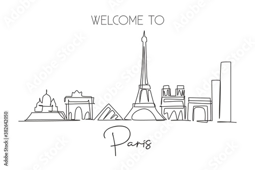 Single continuous line drawing of Paris city skyline, France. Famous skyscraper landscape in world. World travel wall decor poster print art concept. Modern one line draw design vector illustration
