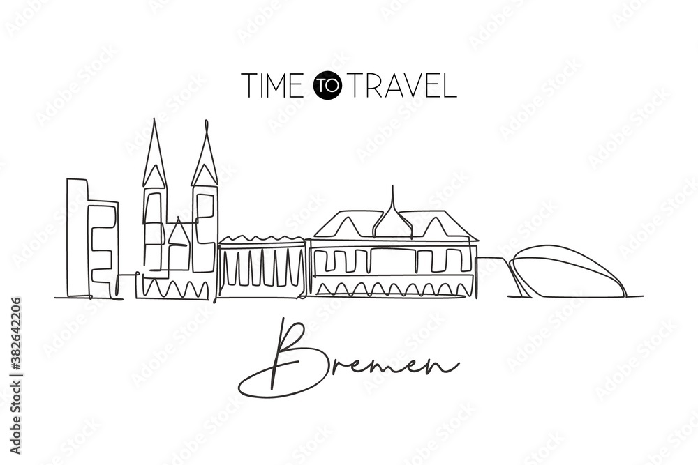 One single line drawing Bremen city skyline, Germany. Historical skyscraper landscape in world. Best holiday home wall decor destination poster. Trendy continuous line draw design vector illustration One single line drawing Bremen city skyline, Germany. Historical skyscraper landscape in world. Best holiday home wall decor destination poster. Trendy continuous line draw design vector illustration