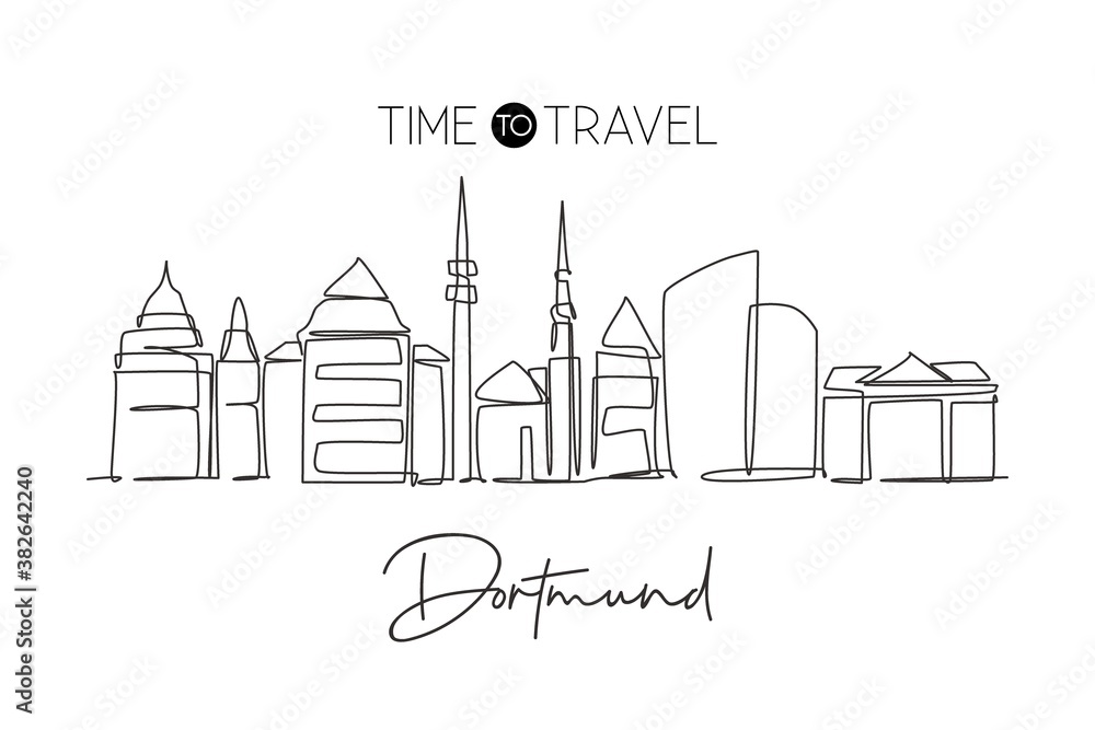 Single continuous line drawing of Dortmund city skyline Germany. Famous skyscraper landscape in world. World travel wall decor art poster print concept. Modern one line draw design vector illustration