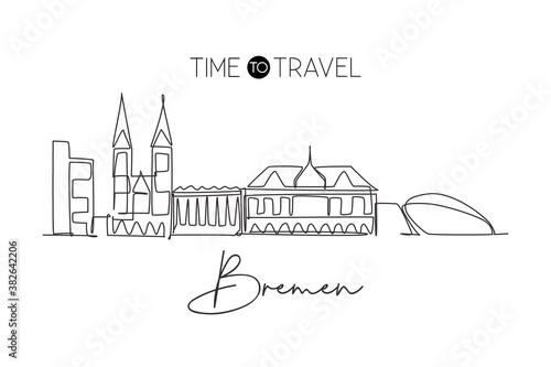 One single line drawing Bremen city skyline, Germany. Historical skyscraper landscape in world. Best holiday home wall decor destination poster. Trendy continuous line draw design vector illustration