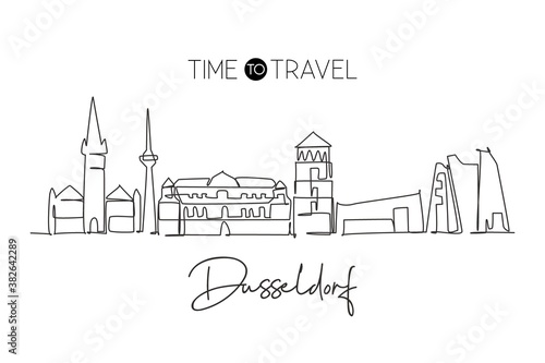 One continuous line drawing of Dusseldorf city skyline, Germany. Beautiful skyscraper. World landscape tourism travel vacation wall decor poster. Stylish single line draw design vector illustration
