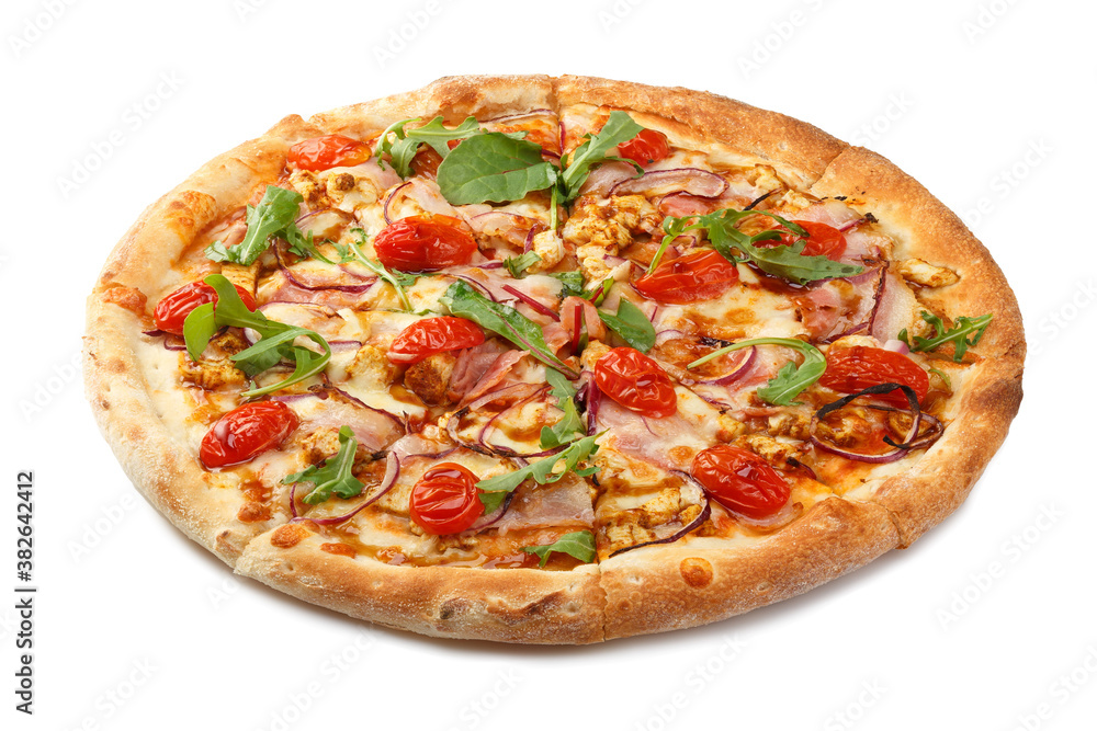 Delicious classic italian pizza with Mozzarella, peppers, tomatoes, onions, olives and arugula
