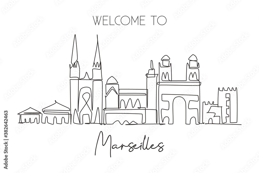 One single line drawing Marseilles city skyline, France. Historical skyscraper landscape in world. Best holiday destination wall decor poster. Trendy continuous line draw design vector illustration