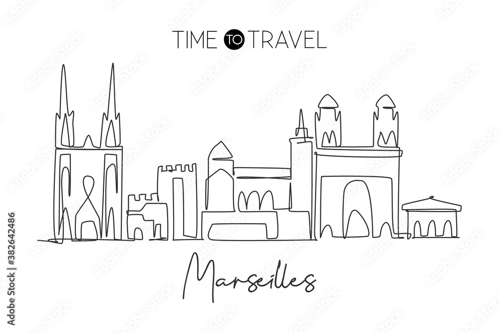 Single continuous line drawing of Marseilles city skyline, France. Famous city skyscraper landscape. World travel wall decor poster print art concept. Modern one line draw design vector illustration