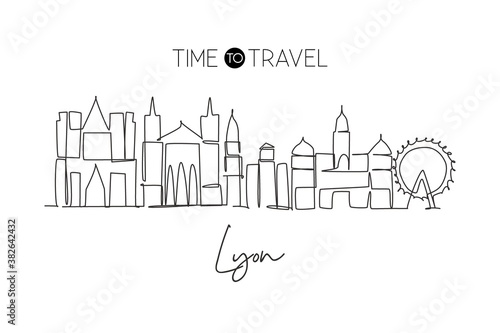 Single continuous line drawing of Lyon city skyline France. Famous city skyscraper landscape. World travel wall decor art print poster concept. Editable modern one line draw design vector illustration