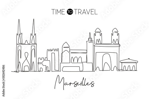 Single continuous line drawing of Marseilles city skyline, France. Famous city skyscraper landscape. World travel wall decor poster print art concept. Modern one line draw design vector illustration