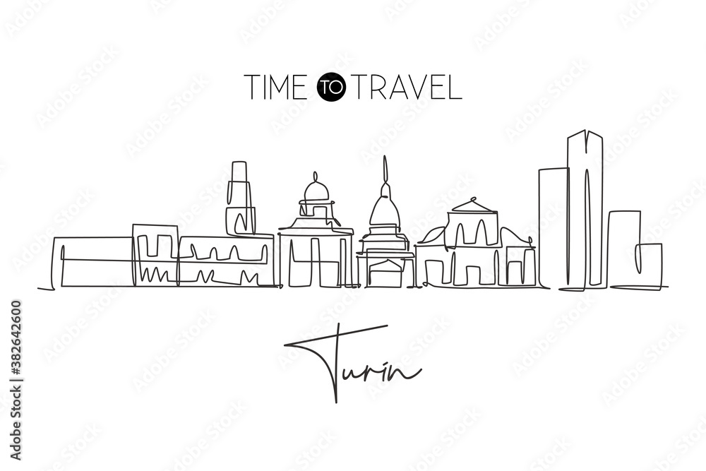Single continuous line drawing of Turin city skyline, Italy. Famous skyscraper landscape postcard. World travel home wall decor poster print concept. Modern one line draw design vector illustration