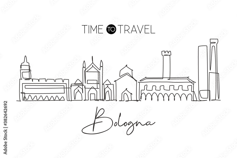 One single line drawing of Bologna city skyline, Italy. Historical skyscraper landscape in world. Best holiday destination wall decor poster art. Trendy continuous line draw design vector illustration