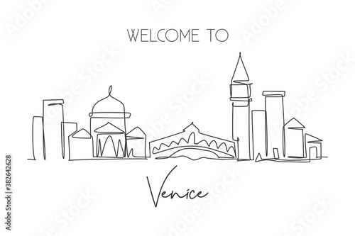 Single continuous line drawing of Venice city skyline, Italy. Famous skyscraper landscape postcard. World travel home wall decor poster print concept. Modern one line draw design vector illustration