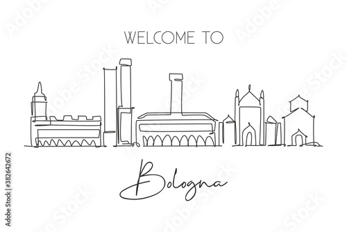 One continuous line drawing of Bologna city skyline, Italy. Beautiful skyscraper. World landscape tourism travel vacation wall decor print concept. Stylish single line draw design vector illustration photo