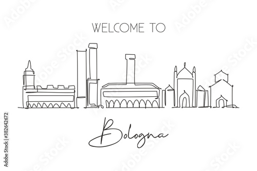 One continuous line drawing of Bologna city skyline, Italy. Beautiful skyscraper. World landscape tourism travel vacation wall decor print concept. Stylish single line draw design vector illustration