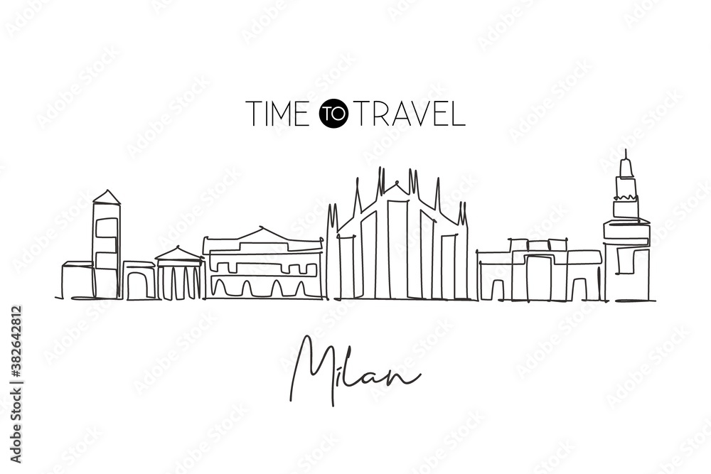 Fototapeta premium One continuous line drawing of Milan city skyline, Italy. Beautiful skyscraper. World landscape tourism travel vacation wall decor poster concept. Stylish single line draw design vector illustration