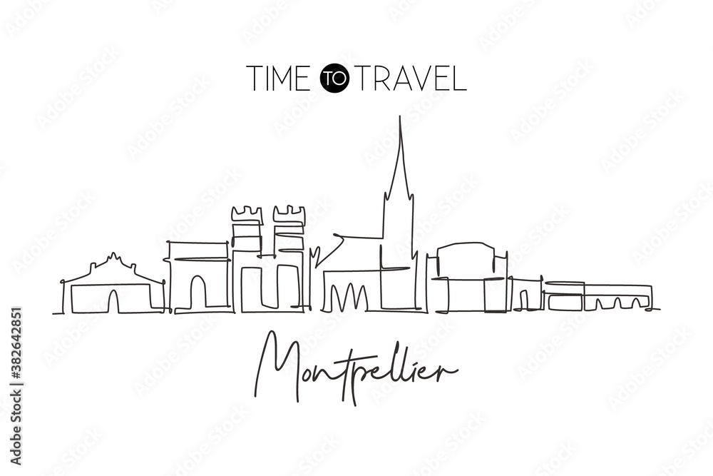 One continuous line drawing Montpellier city skyline. Beautiful skyscraper. World landscape tourism travel home wall decor poster vacation concept. Stylish single line draw design vector illustration