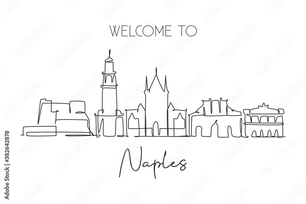 One single line drawing of Naples city skyline, Italy. Historical skyscraper landscape in world. Best holiday destination wall decor poster art. Trendy continuous line draw design vector illustration