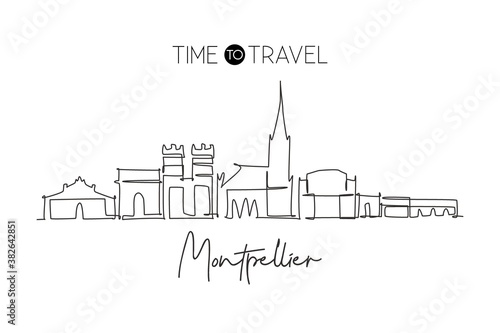 One continuous line drawing Montpellier city skyline. Beautiful skyscraper. World landscape tourism travel home wall decor poster vacation concept. Stylish single line draw design vector illustration