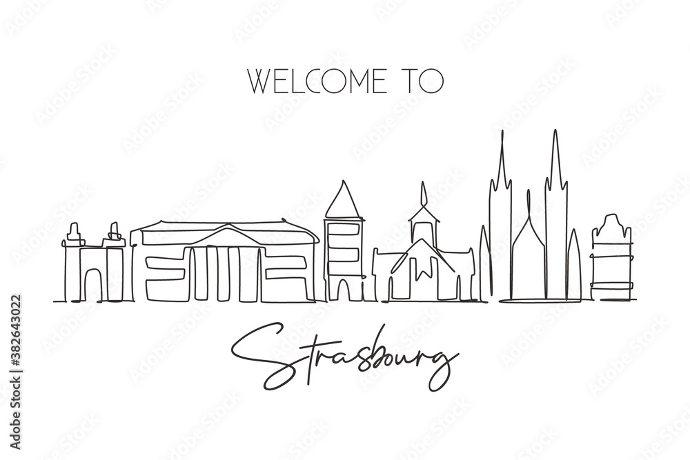 One single line drawing of Strasbourg city skyline, France. Historical skyscraper landscape in world. Best holiday destination wall decor poster. Trendy continuous line draw design vector illustration