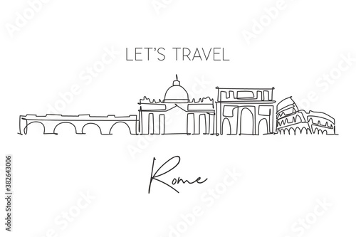 Single continuous line drawing of Rome city skyline Italy. Famous Roma city skyscraper landscape. World travel home wall decor poster print art concept. Modern one line draw design vector illustration