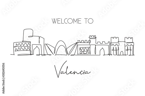 Single continuous line drawing of Valencia city skyline  Spain. Famous skyscraper and landscape postcard. World travel wall decor poster print concept. Modern one line draw design vector illustration