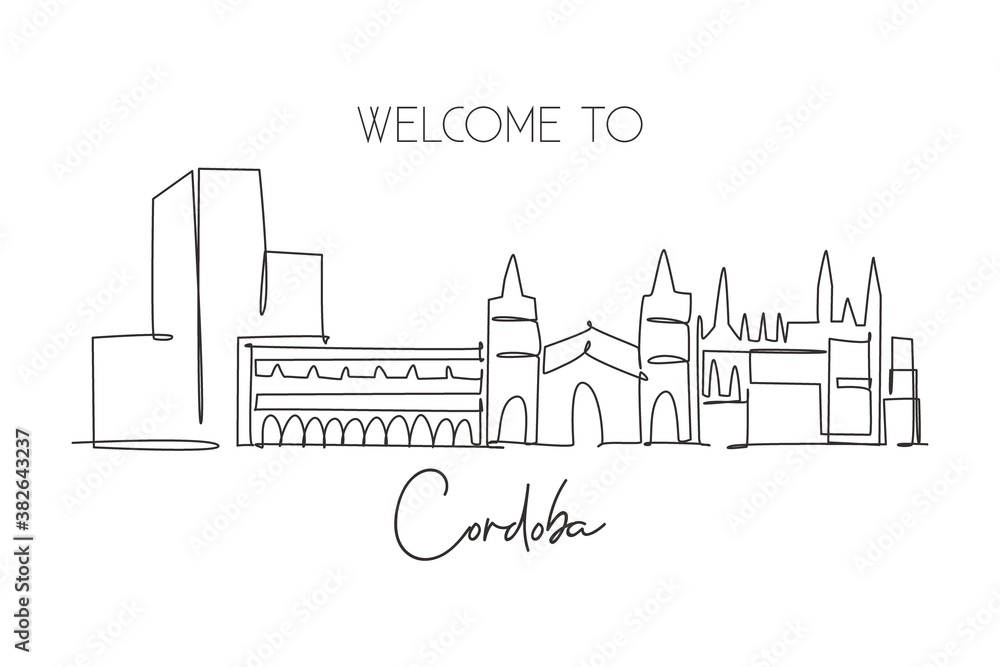 One single line drawing of Cordoba city skyline, Spain. Historical skyscraper landscape in world postcard. Best holiday destination wall decor poster. Continuous line draw design vector illustration