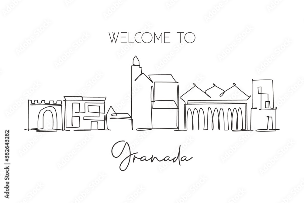 One continuous line drawing of Granada city skyline, Spain. Beautiful skyscraper. World landscape tourism travel vacation concept wall decor poster. Stylish single line draw design vector illustration