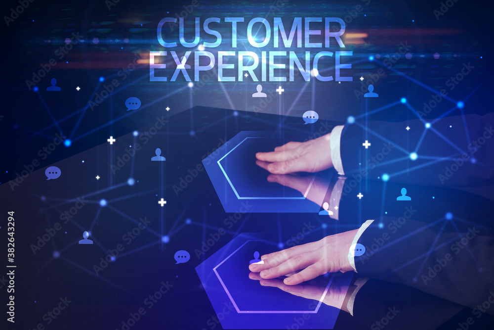 Navigating social networking with CUSTOMER EXPERIENCE inscription, new media concept Navigating social networking with CUSTOMER EXPERIENCE inscription, new media concept