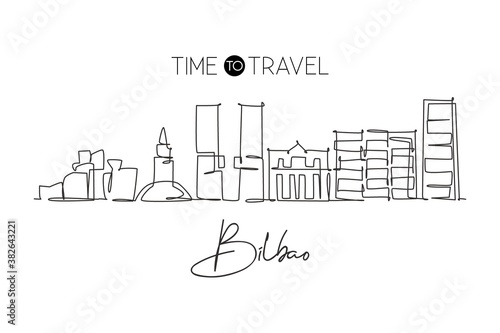 One continuous line drawing of Bilbao city skyline, Spain. Beautiful skyscraper postcard. World landscape tourism travel wall decor poster concept. Stylish single line draw design vector illustration