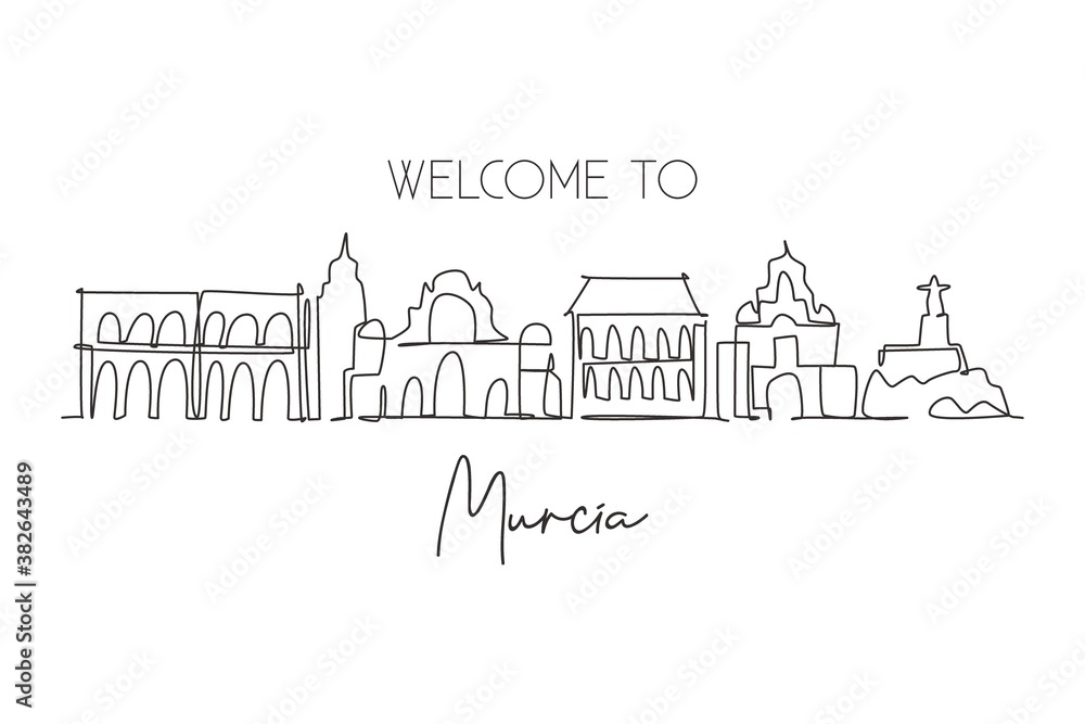 One single line drawing Murcia city skyline Spain. Historical skyscraper landscape in world postcard. Best holiday destination wall decor poster. Trendy continuous line draw design vector illustration